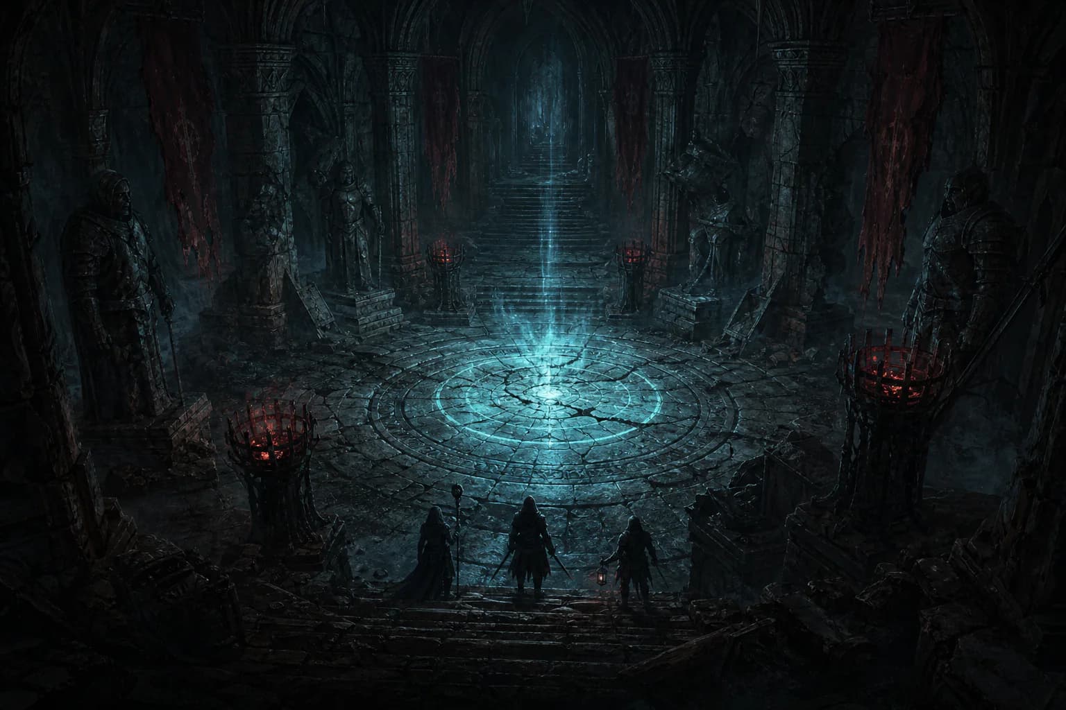 Three adventurers stand before a glowing seal in an ancient underground vault