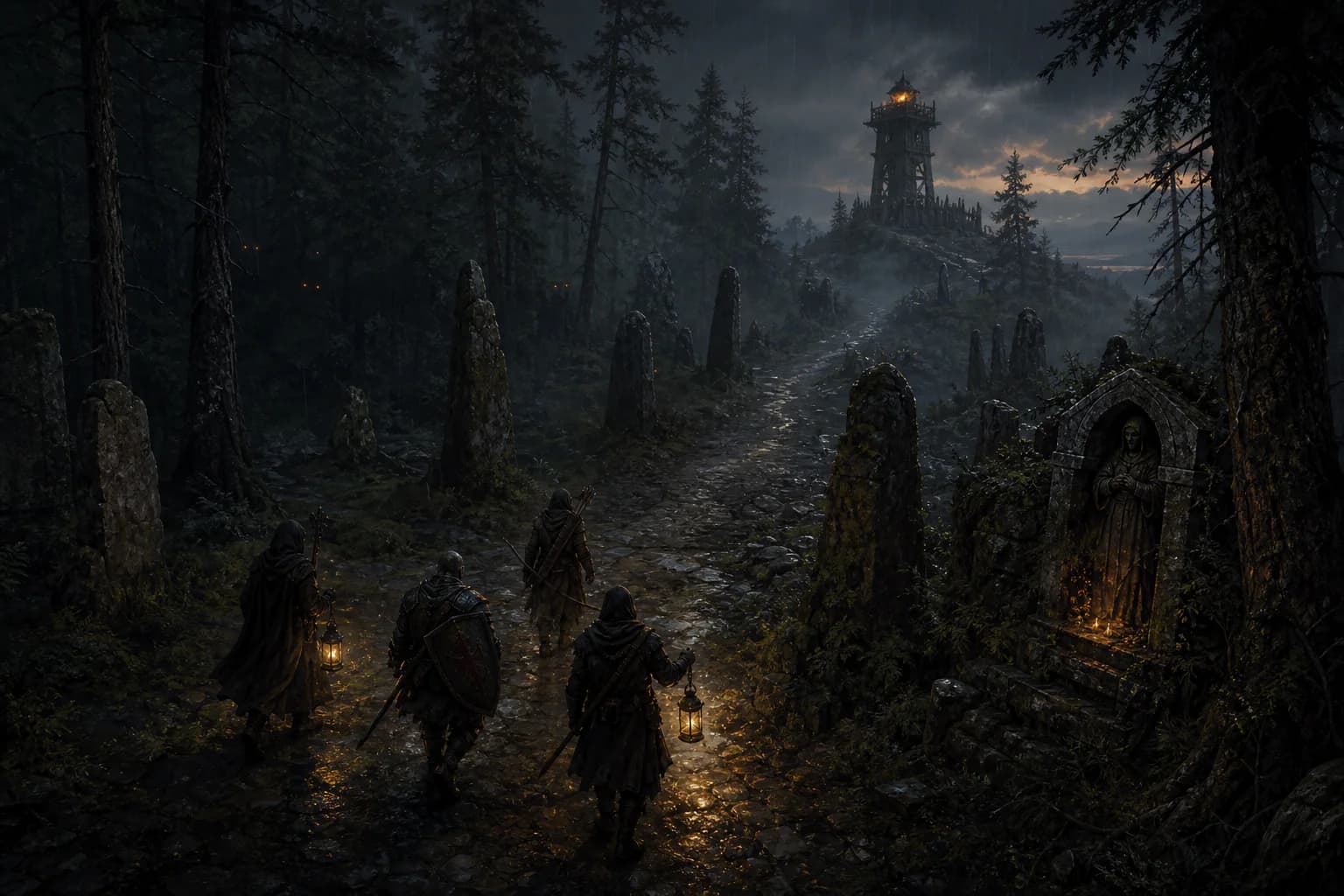 A party of adventurers travels along a dark forest road toward a frontier watchtower