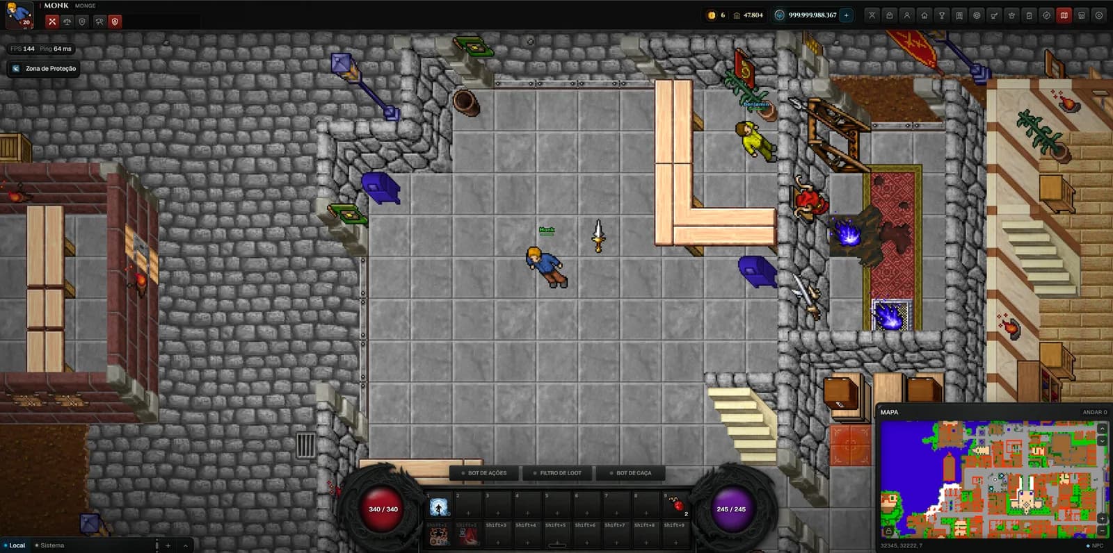 In-game view of Mantus in the browser: a monk stands in a stone temple hall, with the action bar, minimap and the client&aposs bot buttons on screen